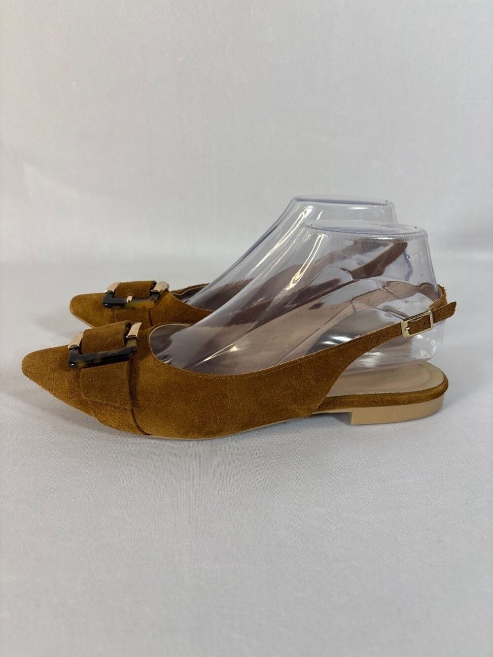 Italian Suede Slingback Pointed Toe Flats Tortoise Buckle Tan Size 38 7.5 US